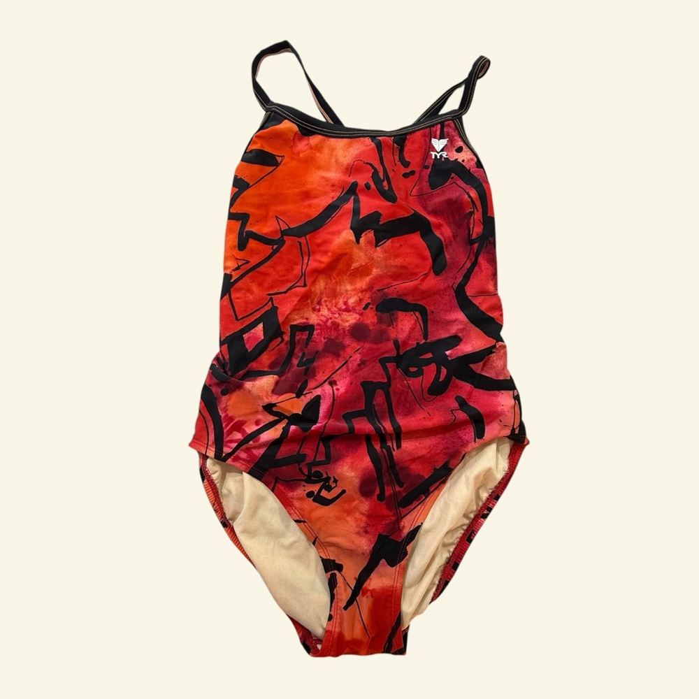 TYR One Piece Swimsuit Red Black Abstract Size Small